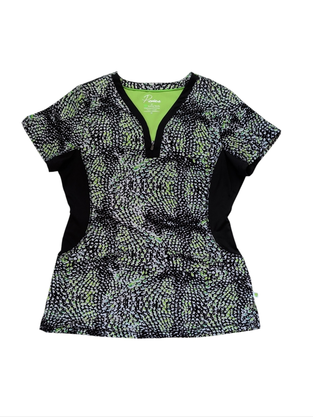 Healing Hands Premiere "Jessi" Zip Neck Scrub Top MEDIUM Lime Green Black #2270A